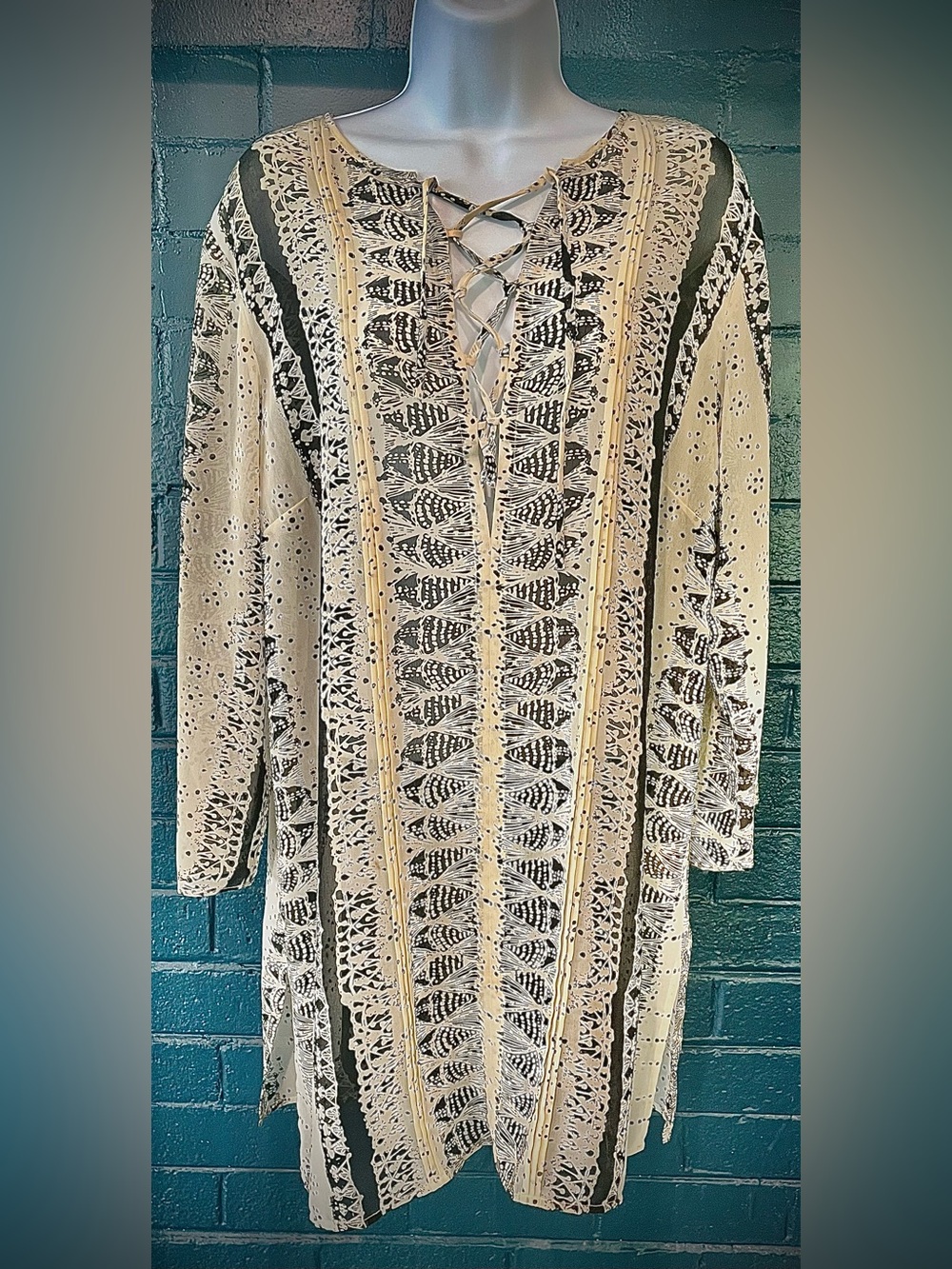 CAbi Lace-Up V-Neck Printed Tunic in Cream and Black